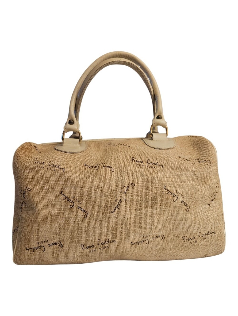 Rare Vintage Pierre Cardin Natural Beige Canvas Satchel with Signature Print